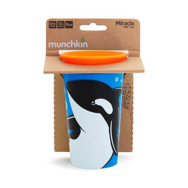 Munchkin Miracle 360° Wild Love Sippy Cup in blue with orca design, 266ml capacity, BPA-free packaging.