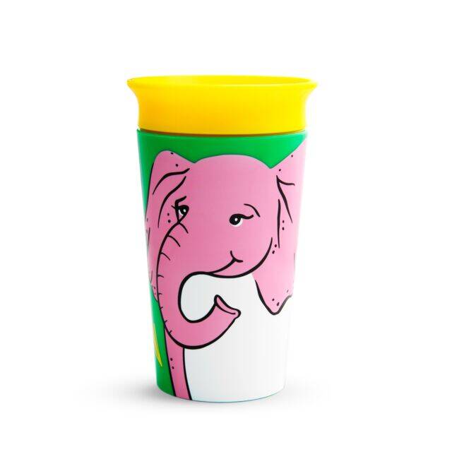 Munchkin Miracle 360° Wild Love Sippy Cup featuring a pink elephant design with a yellow rim, 266ml capacity.