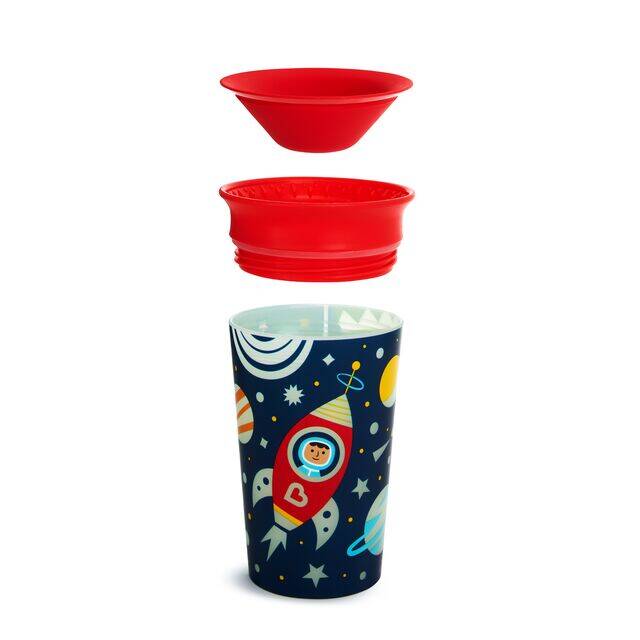 Munchkin Miracle 360° Glow In The Dark Cup in astronaut design, featuring a rocket and removable red lid, ideal for camping.