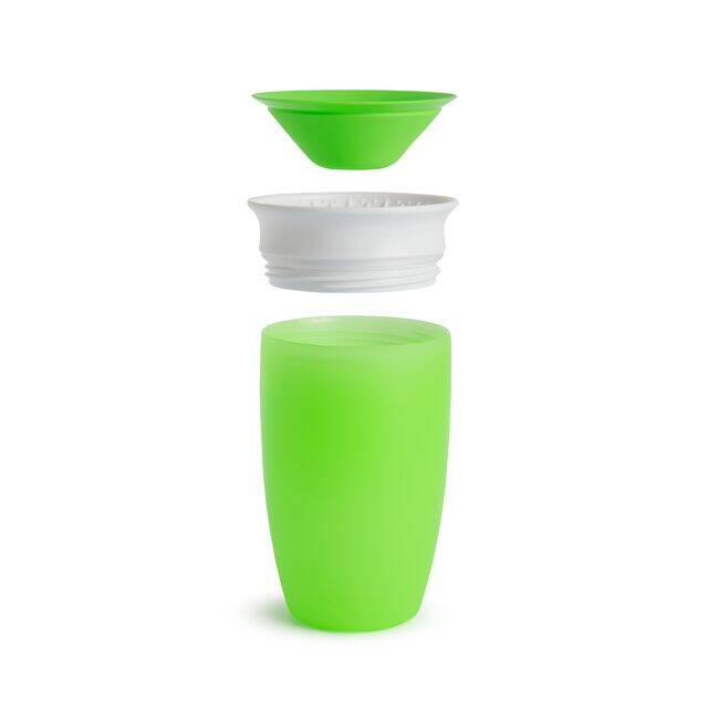Munchkin Miracle 360° Sippy Cup in vibrant green, showcasing its three detachable parts for easy cleaning.