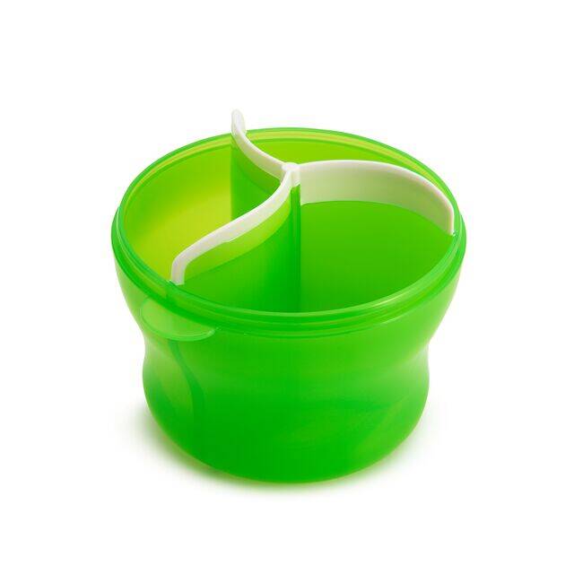 Munchkin Formula Dispenser in vibrant green with two compartments for easy formula storage and dispensing.