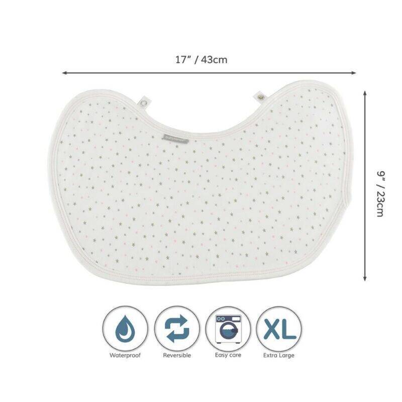 Baby Sense 2-in-1 Burp Cloth & Bib in white with colorful star pattern, featuring waterproof and reversible design.