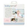 Baby Sense 2-in-1 Burp Cloth & Bib in blue, pink, and stone with star pattern for ultra absorbency and dual purpose.
