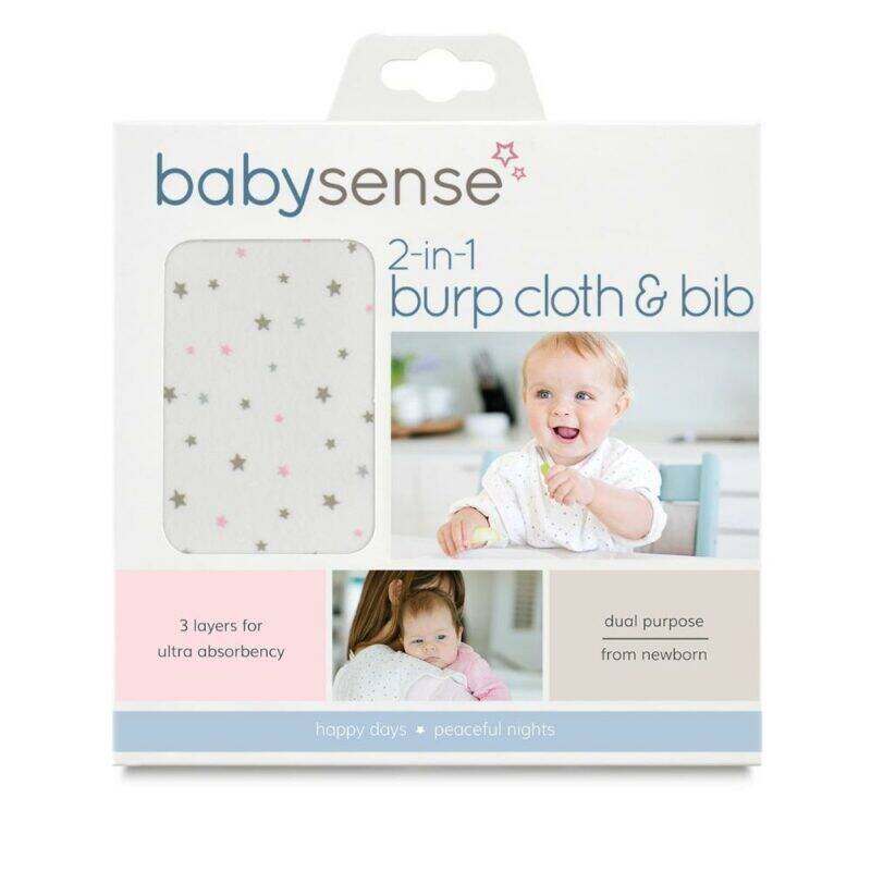 Baby Sense 2-in-1 Burp Cloth & Bib in blue, pink, and stone with star pattern for ultra absorbency and dual purpose.