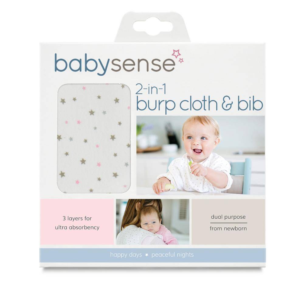 Baby Sense 2-in-1 Burp Cloth & Bib in blue, pink, and stone with star pattern for ultra absorbency and dual purpose.