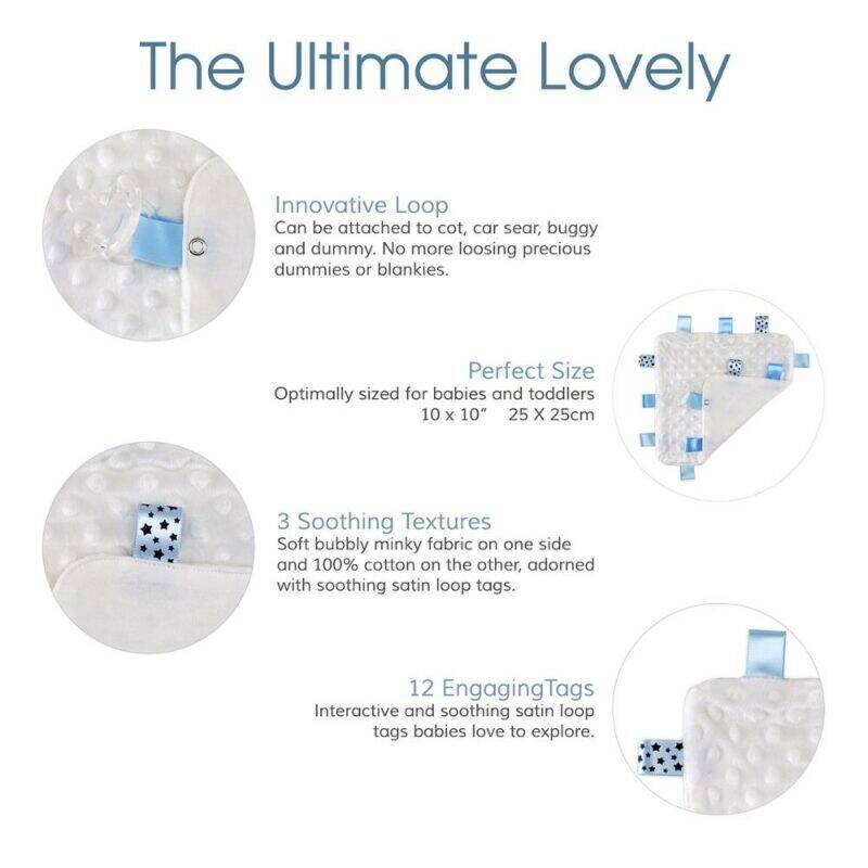 Baby Sense Taglet in blue and grey with soft textures and engaging tags, ideal for babies and toddlers.
