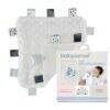 Baby Sense Taglet security blanket in white with multi-textured fabric and colorful tags for holding a baby's dummy.