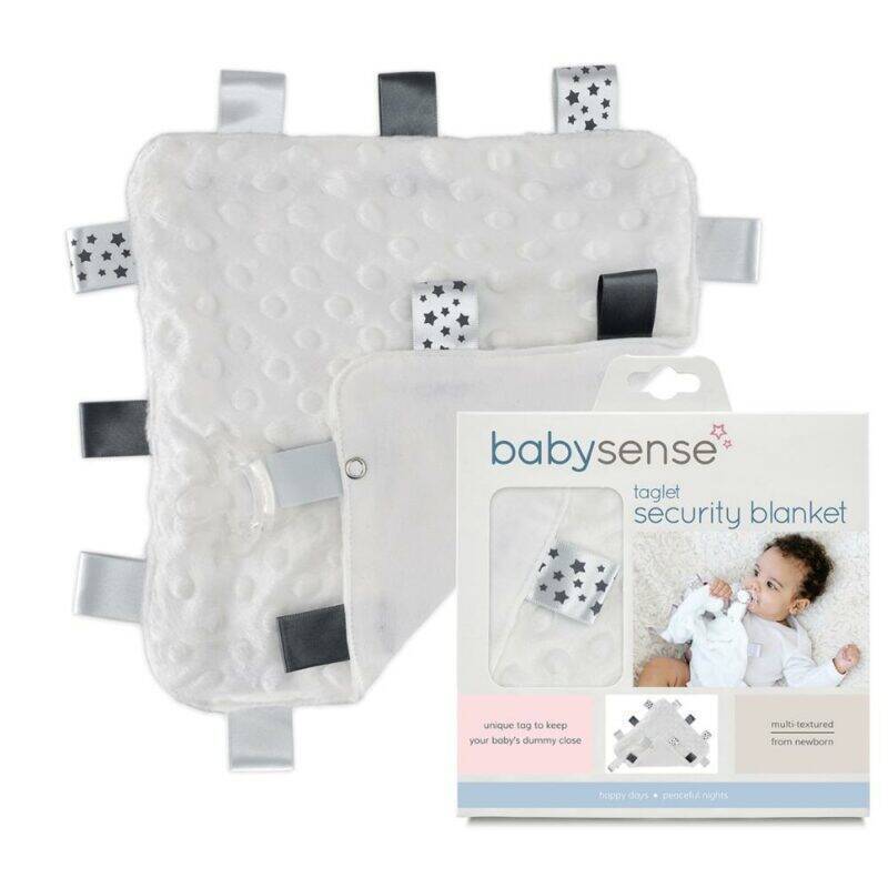 Baby Sense Taglet security blanket in white with multi-textured fabric and colorful tags for holding a baby's dummy.
