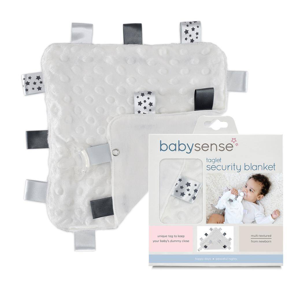 Baby Sense Taglet security blanket in white with multi-textured fabric and colorful tags for holding a baby's dummy.