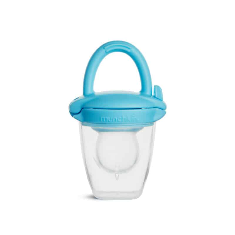 Munchkin Silicone Baby Food Feeder in blue with a handle, designed for safe and easy feeding for infants.