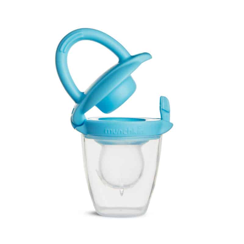 Munchkin Silicone Baby Food Feeder in blue with a soft silicone tip and easy-grip handle for feeding convenience.