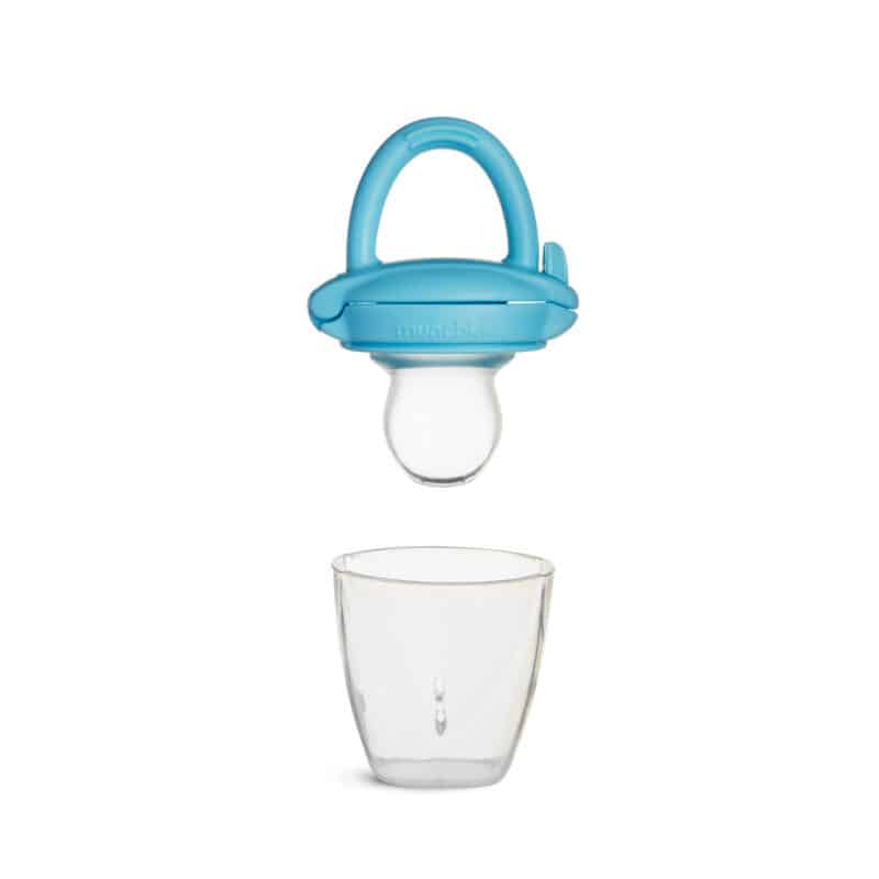 Munchkin Silicone Baby Food Feeder in blue, featuring a soft silicone tip and a unique design for easy feeding.