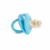 Munchkin Silicone Baby Food Feeder in blue with a soft silicone mesh for safe feeding of fruits and vegetables.