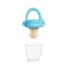 Munchkin Silicone Baby Food Feeder in blue, showcasing a fruit-filled silicone pouch above a clear cup.