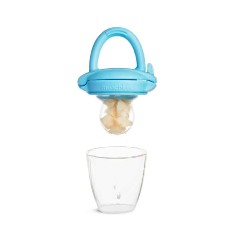 Munchkin Silicone Baby Food Feeder in blue, showcasing a fruit-filled silicone pouch above a clear cup.