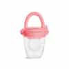 Munchkin Silicone Baby Food Feeder in pink with a clear container and easy-grip handle for feeding infants.