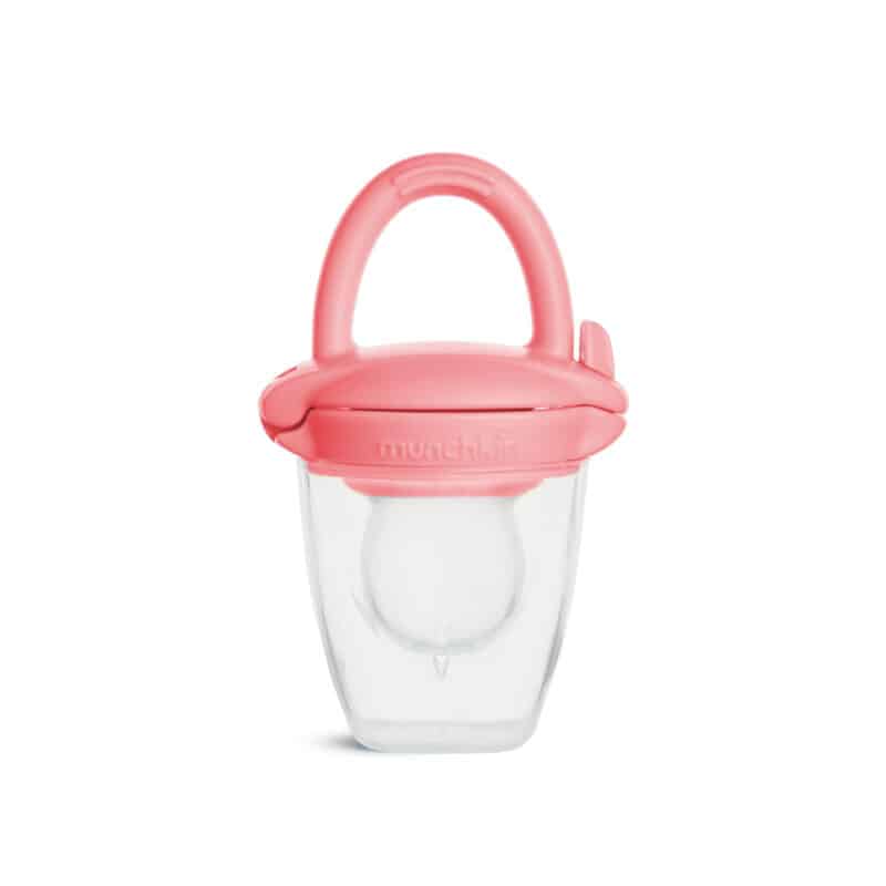 Munchkin Silicone Baby Food Feeder in pink with a clear container and easy-grip handle for feeding infants.