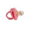 Munchkin Silicone Baby Food Feeder in pink with a clear bulb, showcasing food inside for easy feeding.