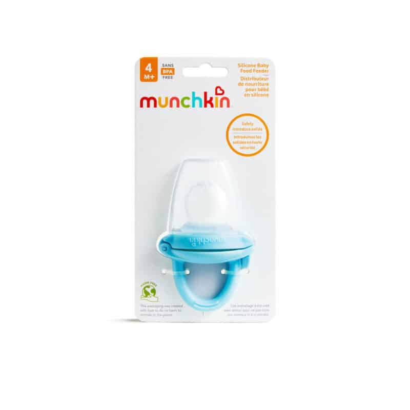 Munchkin Silicone Baby Food Feeder in blue, designed for safe feeding with a soft silicone pouch. Suitable for 4 months and