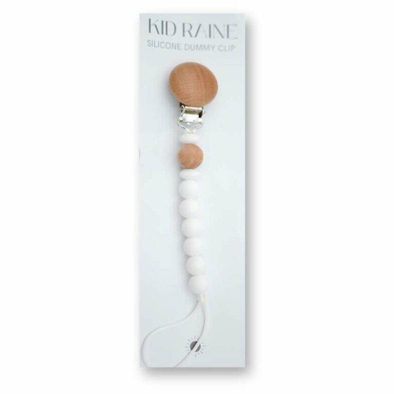 Kid Raine newborn dummy clip in white silicone with a wooden clip and bead design, perfect for keeping pacifiers secure.
