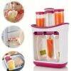 Food Squeeze Station in white and pink, featuring three squeeze bottles and filled pouches, ideal for homemade baby food.