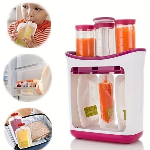 Food Squeeze Station in white and pink, featuring three squeeze bottles and filled pouches, ideal for homemade baby food.