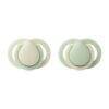 Tommee Tippee Newborn Soother 0-2m 2pk in sage and nude, featuring a teardrop shape and soft silicone design.