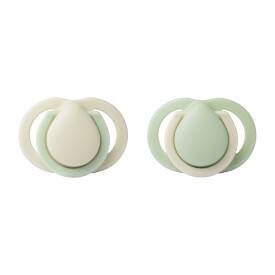 Tommee Tippee Newborn Soother 0-2m 2pk in sage and nude, featuring a teardrop shape and soft silicone design.