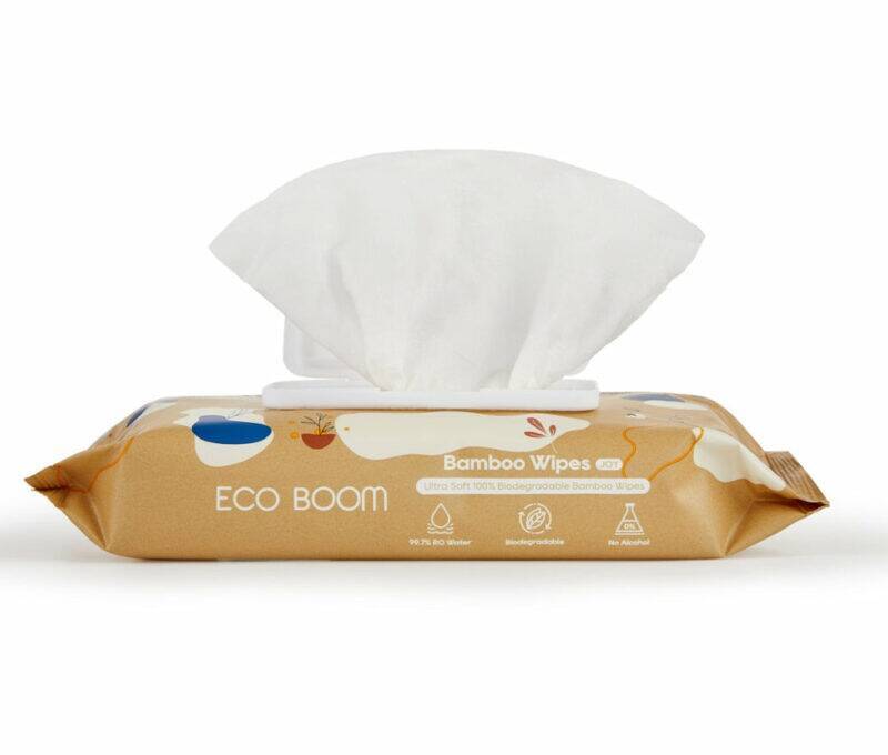Eco Boom Bamboo Baby Wet Wipes pack showing a soft wipe partially pulled out, featuring eco-friendly packaging design.