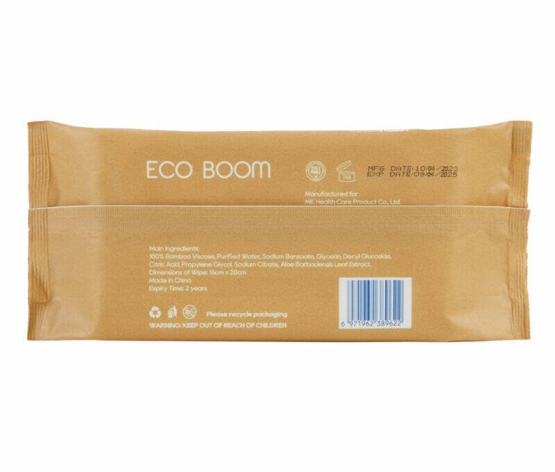 Eco Boom Bamboo Baby Wet Wipes pack featuring a natural brown design, highlighting eco-friendly ingredients and usage