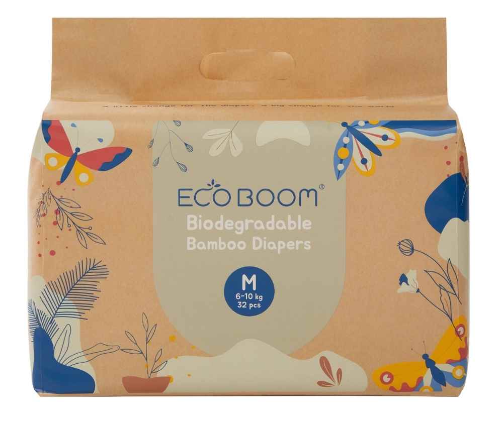 Eco Boom Joy Bamboo Baby Nappies Medium, biodegradable, featuring colorful butterfly design, pack of 32 for 6-10 kg babies.