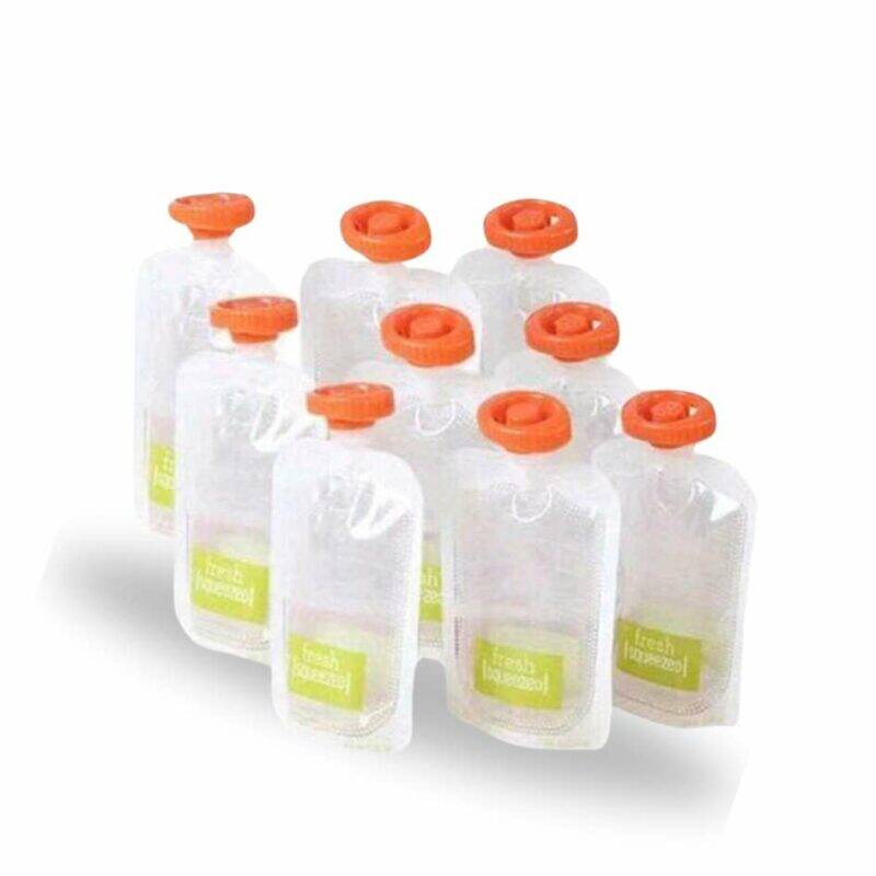Food Storage Squeeze Pouches 10pc, clear pouches with orange caps, ideal for storing solids and easy dispensing.