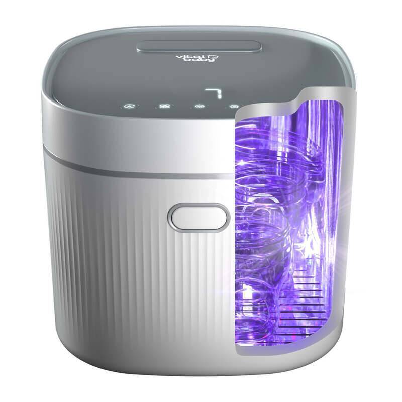 Vital Baby® NURTURE Advanced Pro UV sterilizer & Dryer in black and white, showcasing an open door revealing sterilized