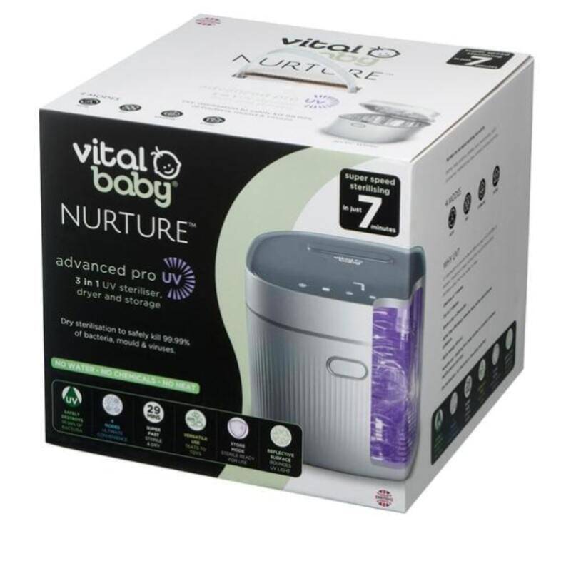 Vital Baby NURTURE Advanced Pro UV sterilizer & Dryer in black and white, showcasing the sleek design and control panel.