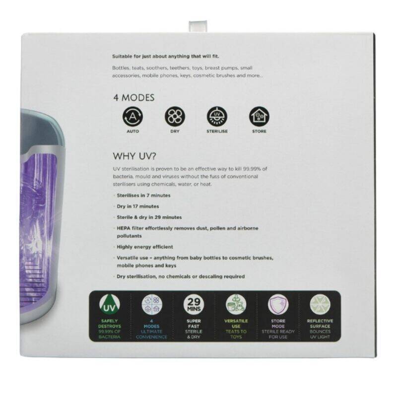 Vital Baby® NURTURE Advanced Pro UV sterilizer & Dryer in black and white, showcasing its sleek design and UV light feature.