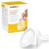Medela Personalfit Flex Breast Shield 24mm in white with a flexible design, packaged in a yellow box featuring a baby.