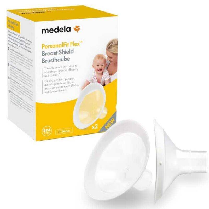 Medela Personalfit Flex Breast Shield 24mm in white with a flexible design, packaged in a yellow box featuring a baby.