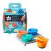 Tommee Tippee Pop Up Freezer Pots and Tray set with colorful pots in blue, orange, and green for easy food storage.