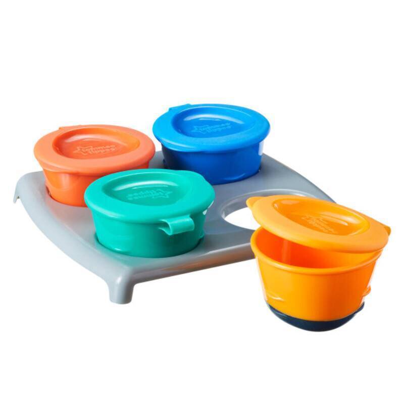 Tommee Tippee Pop Up Freezer Pots and Tray in orange, green, and blue, featuring four colorful pots on a gray tray.