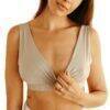 myboombra® bamboo nursing and maternity bra in light beige with a deep V-neck and soft, stretchy fabric.