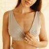 myboombra® bamboo nursing & maternity bra in light grey, featuring a deep V-neck and soft, stretchy fabric for comfort.