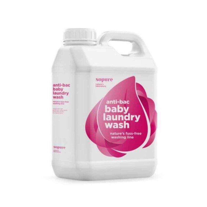 SoPure Cloth Nappy Detergent in a 5-litre container with a pink and white design, highlighting its anti-bacterial properties.