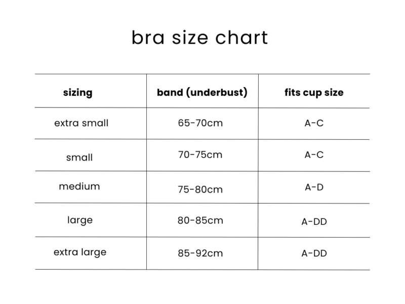 Black myboombra® bamboo nursing and maternity bra displayed with a size chart, highlighting comfort and support for moms.
