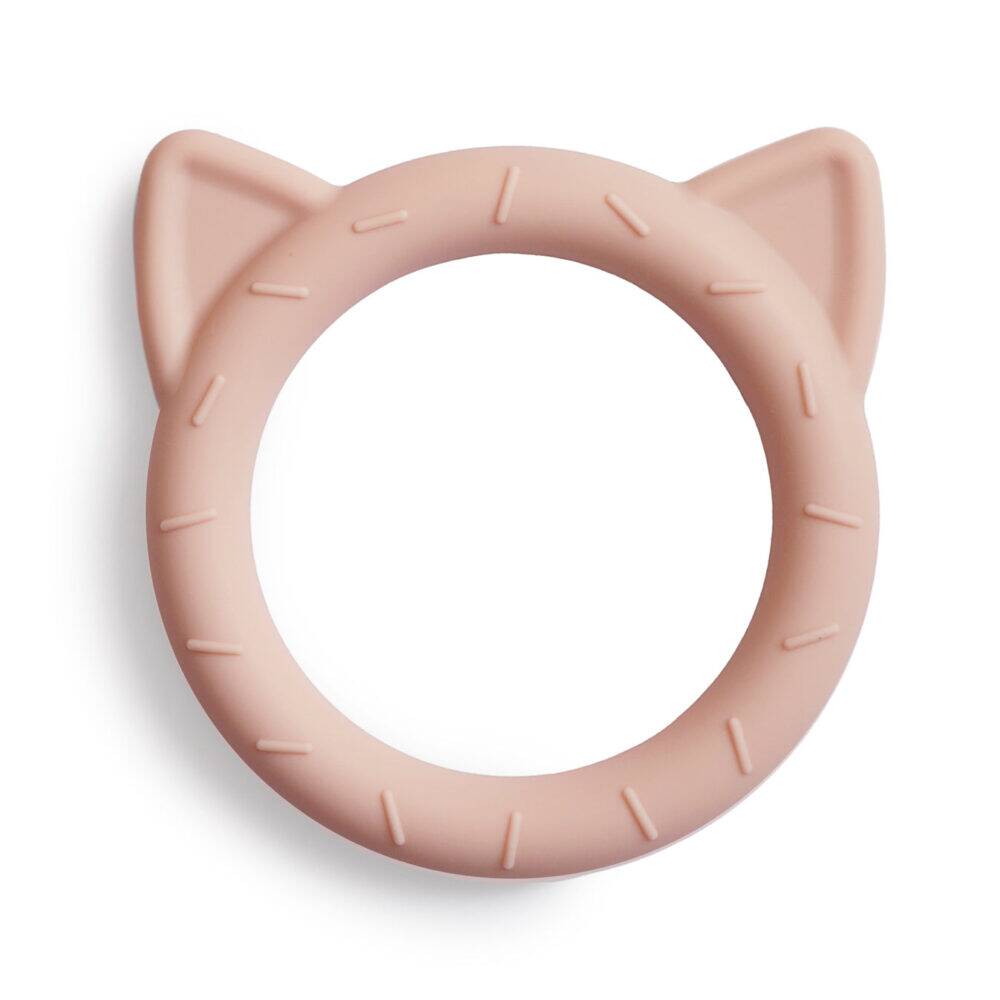 FRIGG + Mushie Cat Teether in blush color with cute cat ears and textured grip for easy handling.