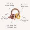 Mushie Nature Teething Ring in soft pastel colors, featuring a unique grip design and multiple textured shapes for sensory