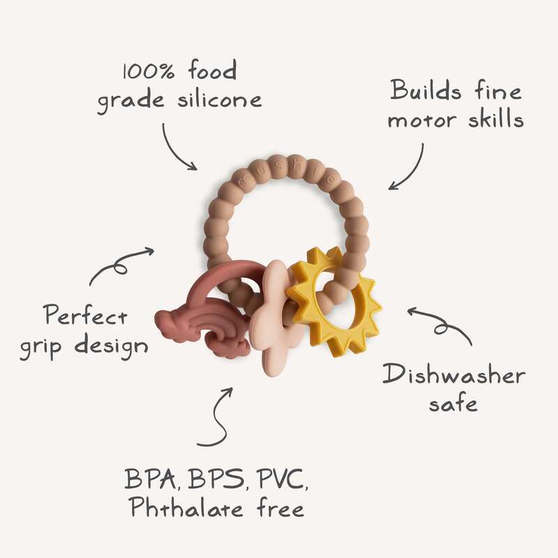Mushie Nature Teething Ring in soft pastel colors, featuring a unique grip design and multiple textured shapes for sensory