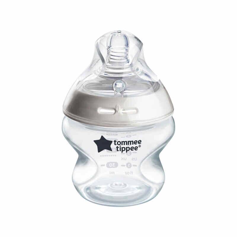 Tommee Tippee Trial Pack featuring a 150ml clear bottle with a soft, white silicone teat. Ideal for newborns.