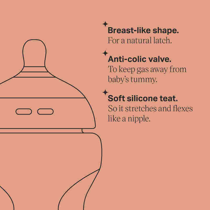 Tommee Tippee Trial Pack featuring a 150ml bottle and a 0-2m soother, highlighting a breast-like shape and soft silicone