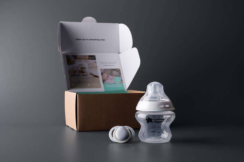 Tommee Tippee Trial Pack featuring a 150ml bottle and 0-2m soother, displayed alongside its open packaging.