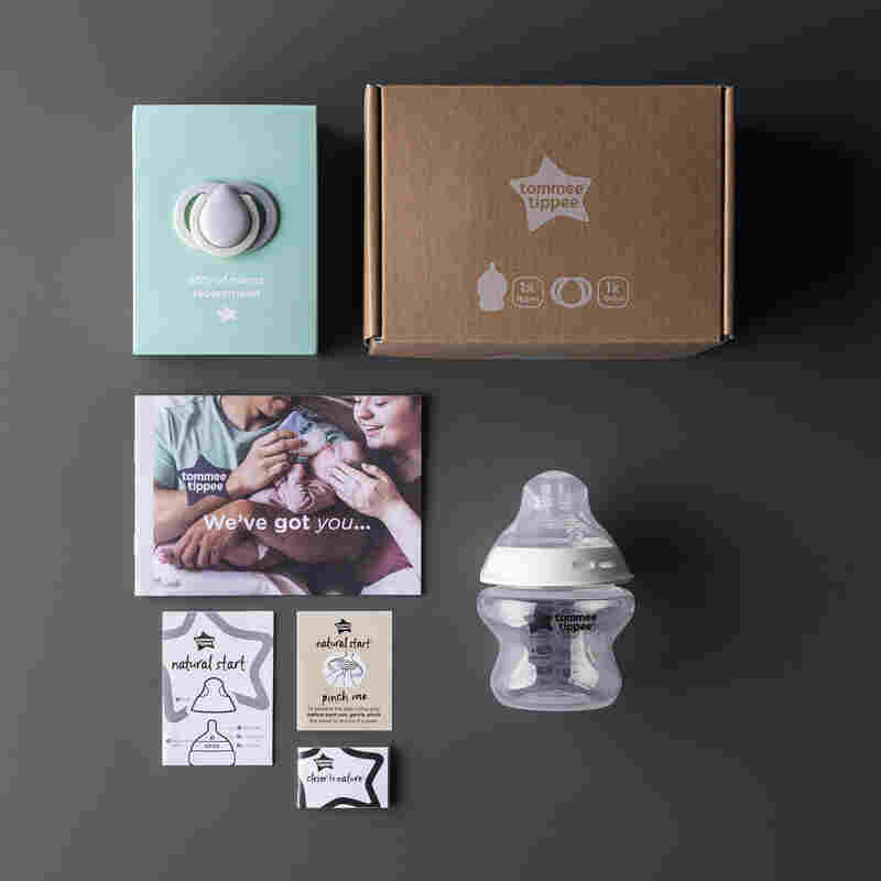 Tommee Tippee Trial Pack featuring a 150ml bottle, 0-2m soother, and informational cards in a stylish box.